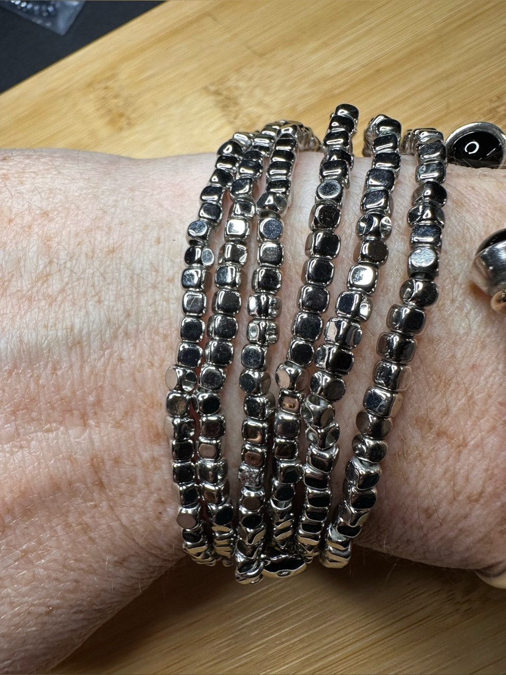Silver set and Dark Blue Set Beaded Stretch Bracelets - Polished Hematite Look